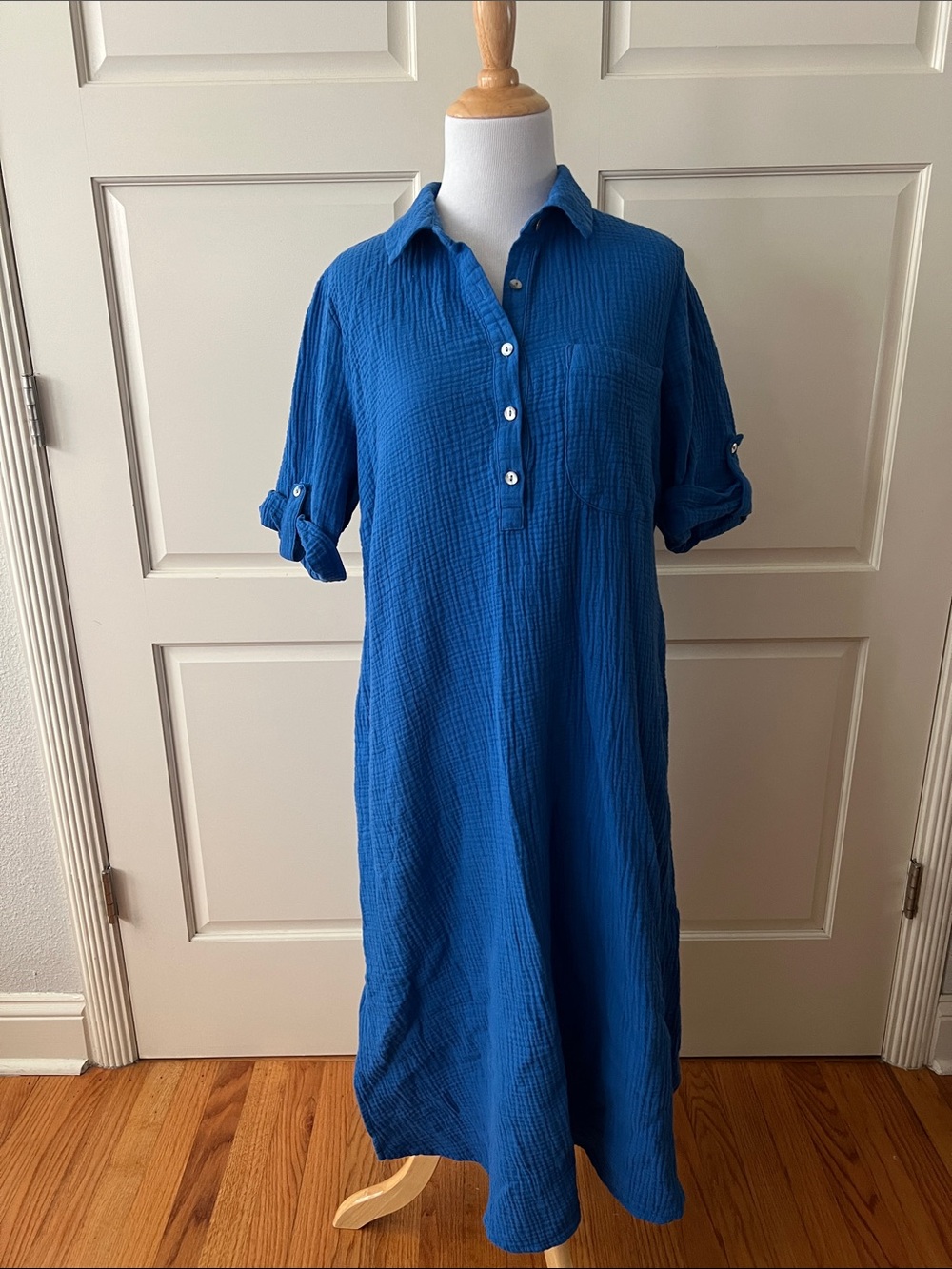 J. Jill Cotton Gauze One Pocket Shirt Dress Royal Blue Size MP Roll Tab Midi